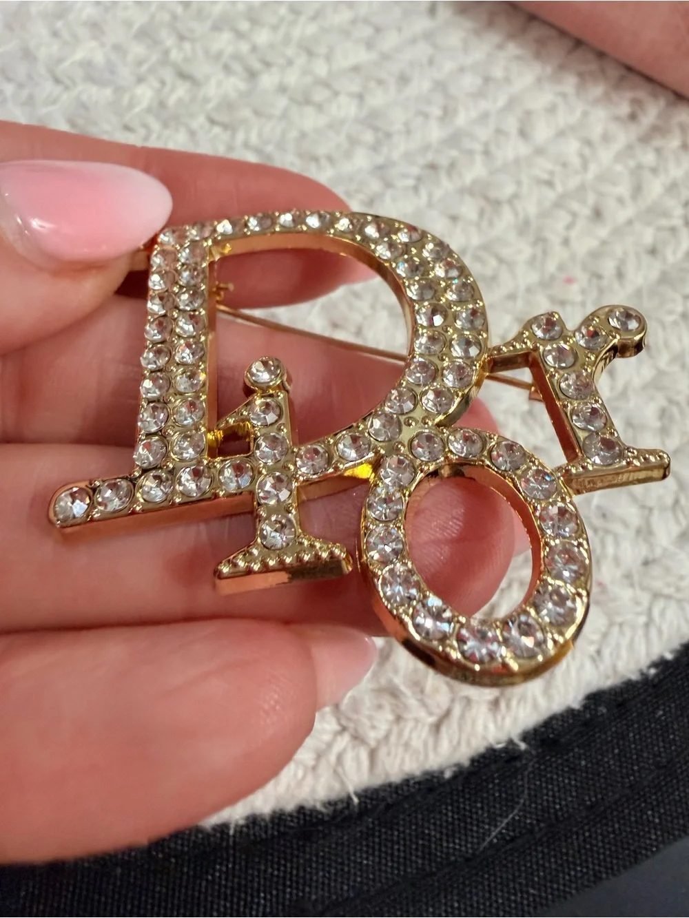 Gold-Tone Logo Brooch with Clear Crystals | New
